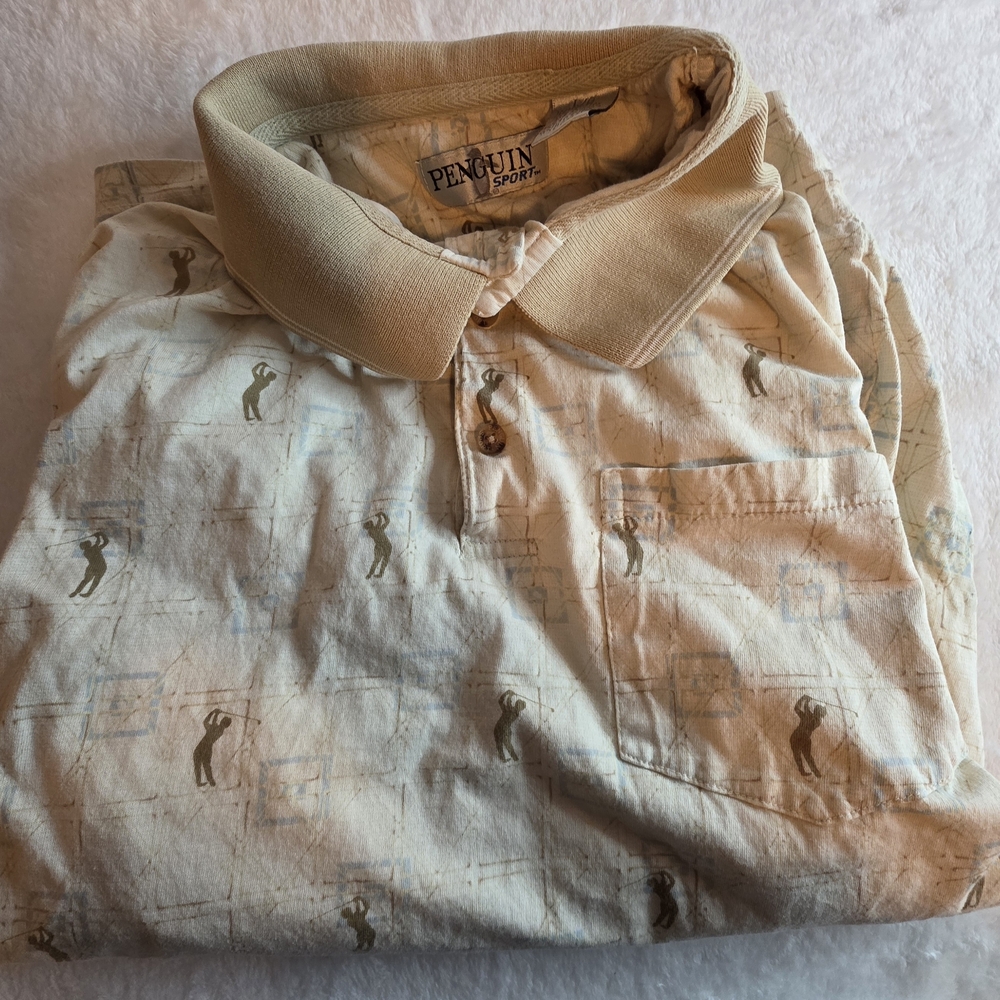 Vintage Penguin Sport Golf Polo Shirt Men’s Large All Over Golfer Print